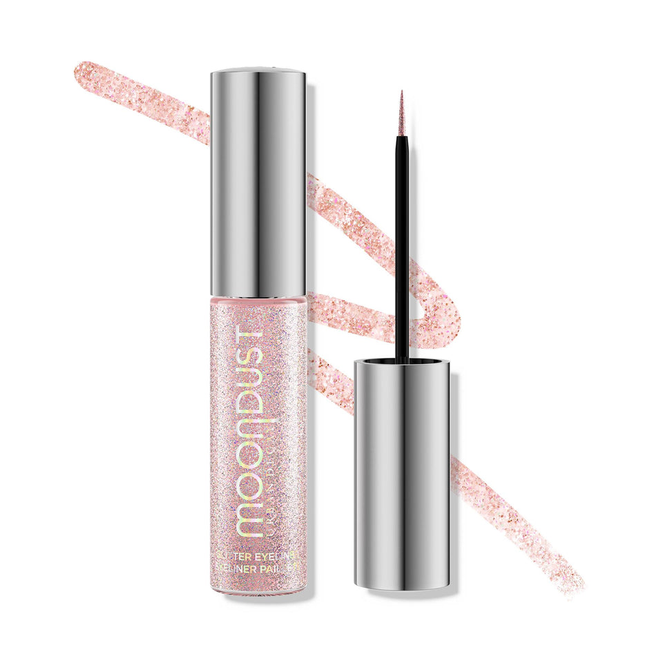 URBAN DECAY Moondust Liquid Eyeliner Grind swatch showing light pink iridescent glitter for precise liner.