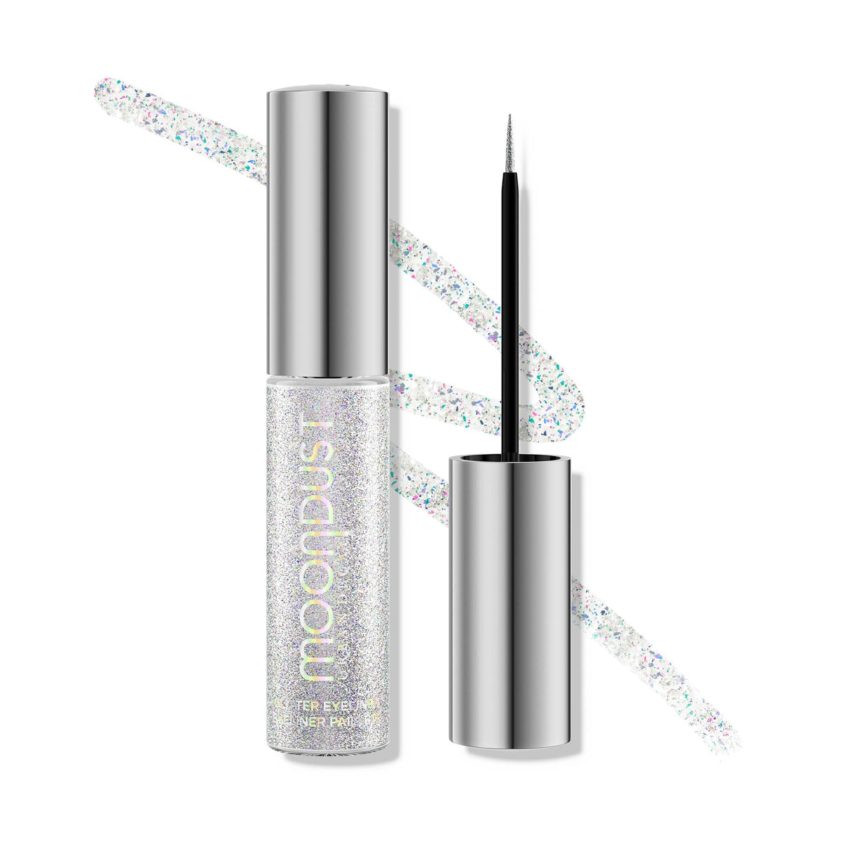 URBAN DECAY Moondust Liquid Glitter Eyeliner Pyro bottle swatch showing iridescent sparkle for all-day wear.