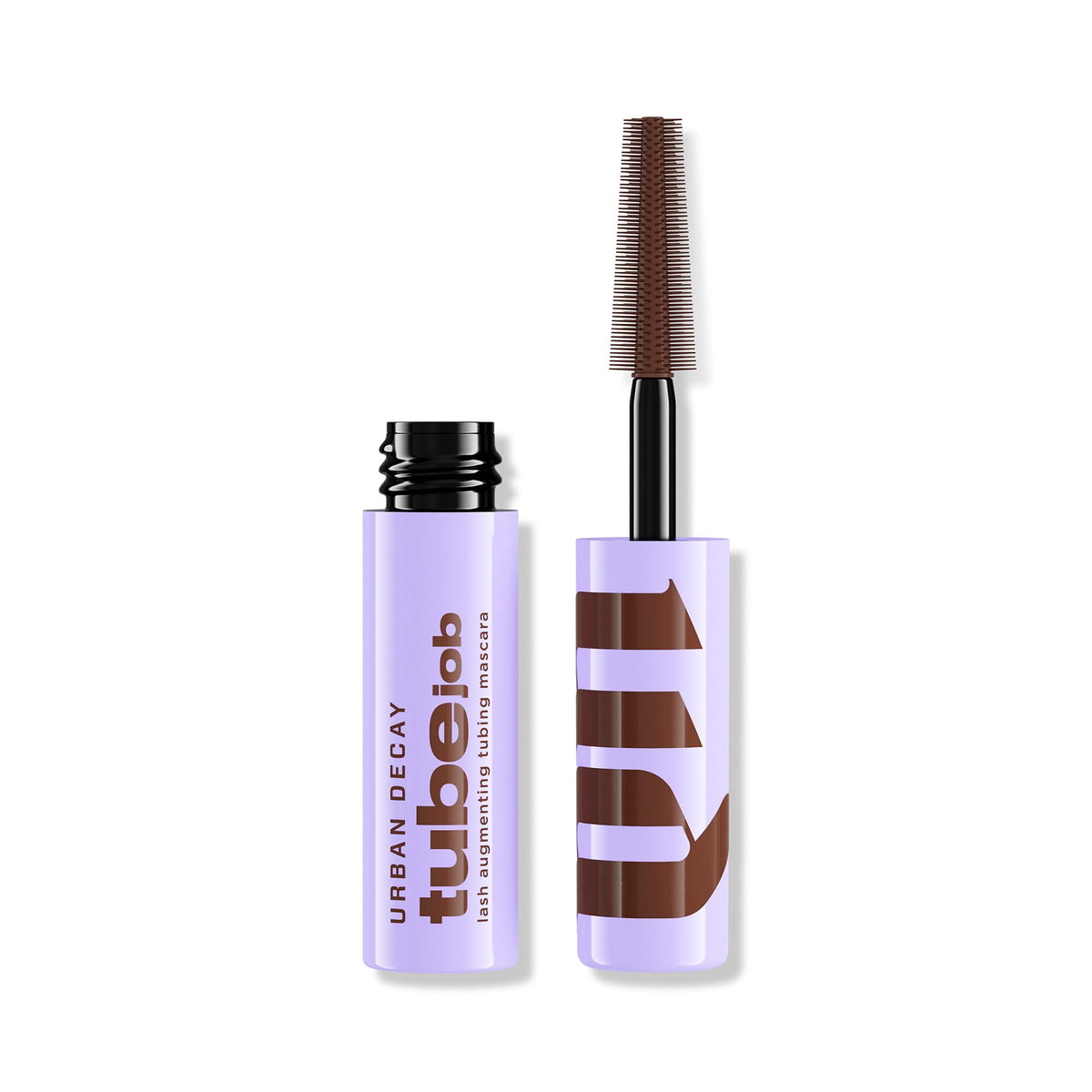 Urban Decay Tube Job Lash Mascara wand closeup shows lift and defined brown lashes.