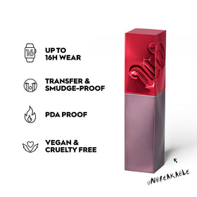 Urban Decay Vice Lip Bond No Restraints swatch highlights bold purple shade for nights out.