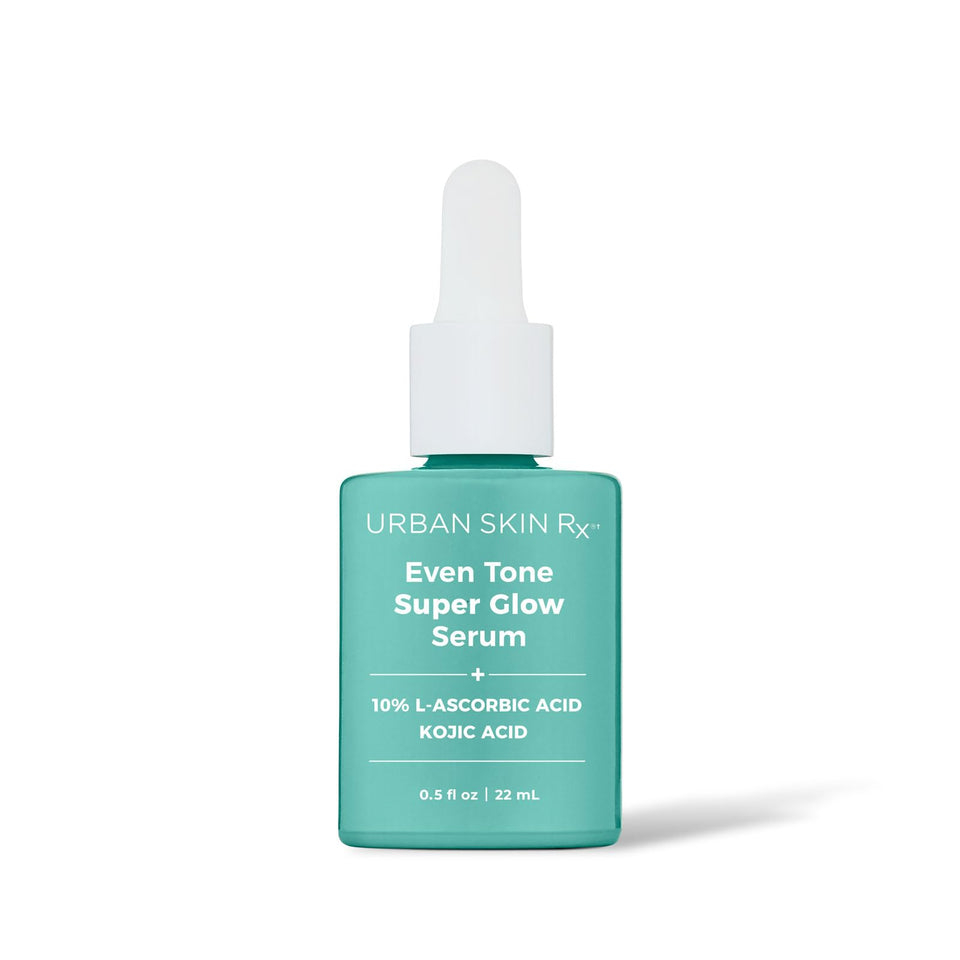Urban Skin Rx Even Tone Super Glow Serum bottle on a clean vanity, brightening routine ready.
