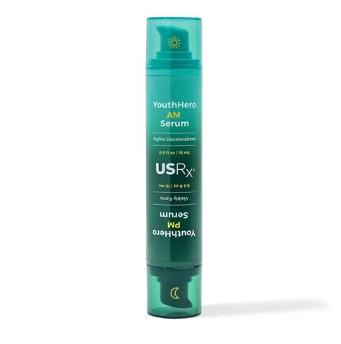 Urban Skin Rx YouthHero AM serum bottle brightens discolorations for daytime use.