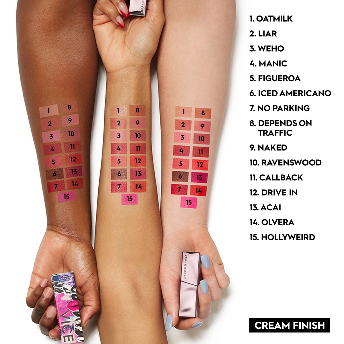 Urban Decay Vice Hydrating Lipstick with shine finish catching light on lips.