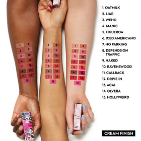 Urban Decay Vice Hydrating Lipstick with shine finish catching light on lips.