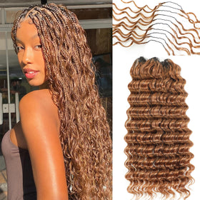 Urbeauty feather crochet deep wave hair on model for a blended Boho look.