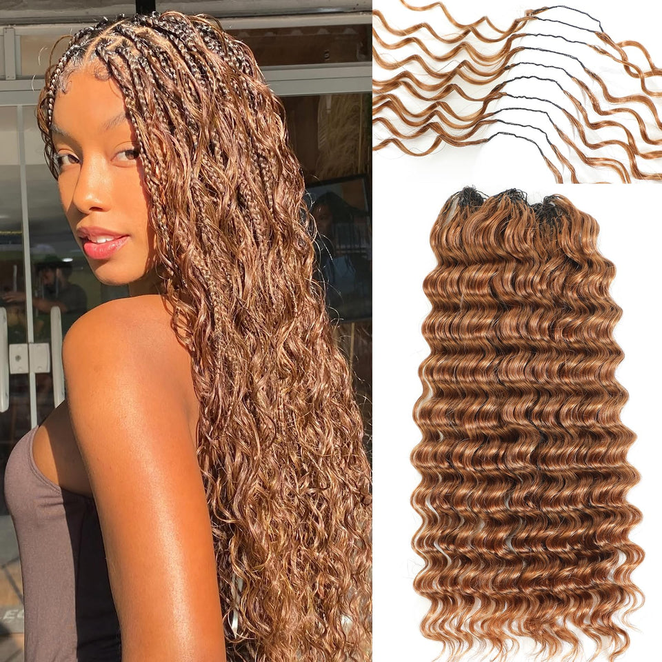 Urbeauty feather crochet deep wave hair on model for a blended Boho look.