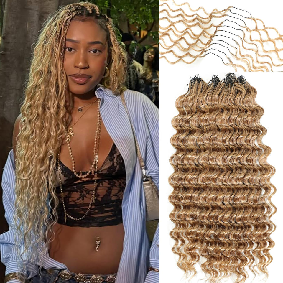 Urbeauty feather crochet deep wave on honey blonde adds natural movement for Boho looks.