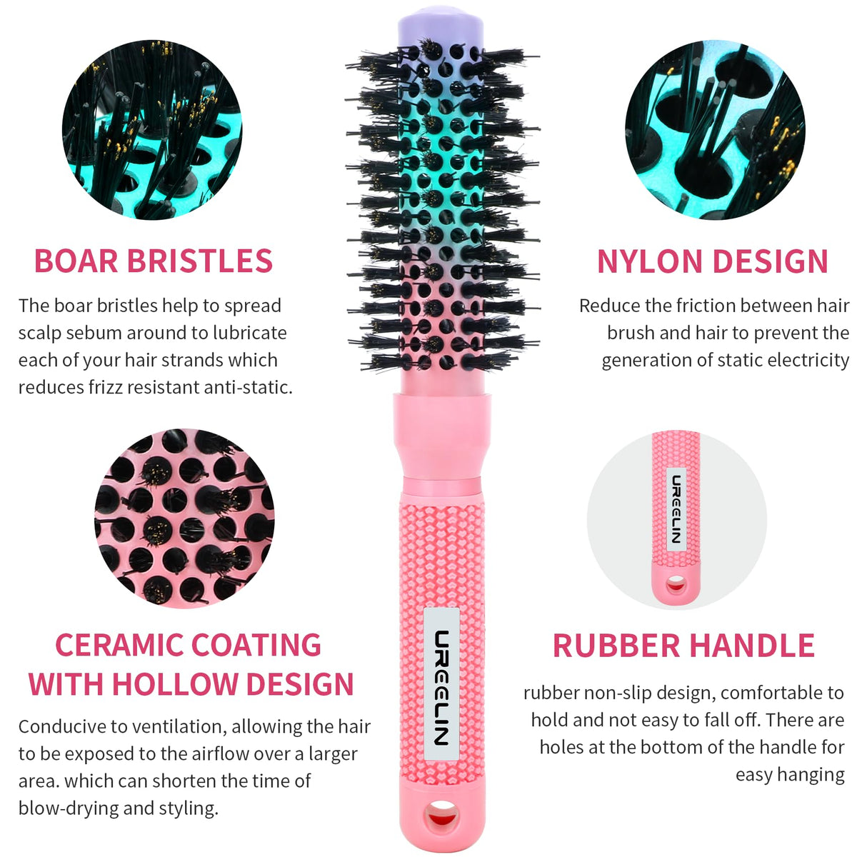 Natural boar bristles on UREELIN brush promote even oil distribution and shine