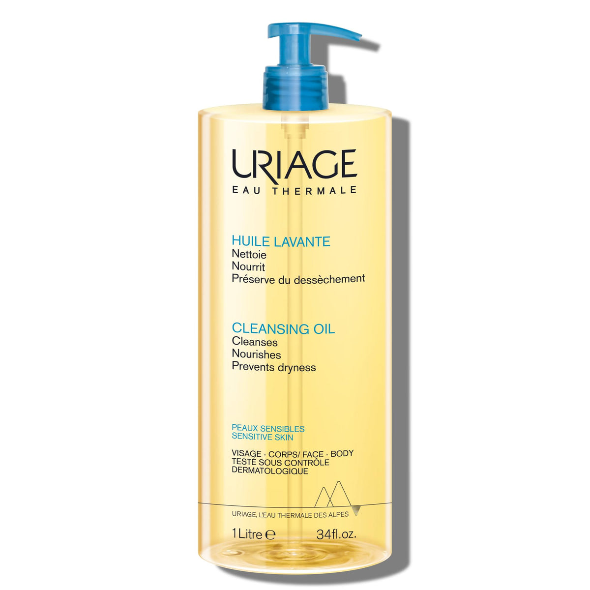 Uriage cleansing oil bottle with glycerin highlights gentle hydration for the whole family.
