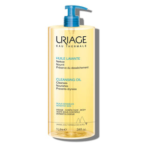 Uriage cleansing oil bottle with glycerin highlights gentle hydration for the whole family.