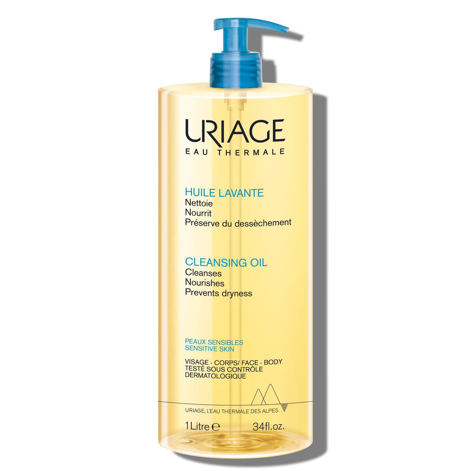 Uriage cleansing oil bottle with glycerin highlights gentle hydration for the whole family.