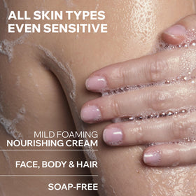 Foamy texture close-up highlighting mild cleansing action with shea butter