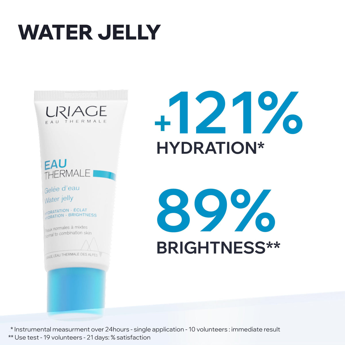 Uriage Eau Thermale gel texture shown during application for cooling hydration.