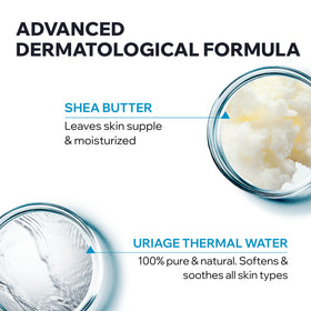 Uriage hydrates with hyaluronic acid and shea butter for lasting moisture.
