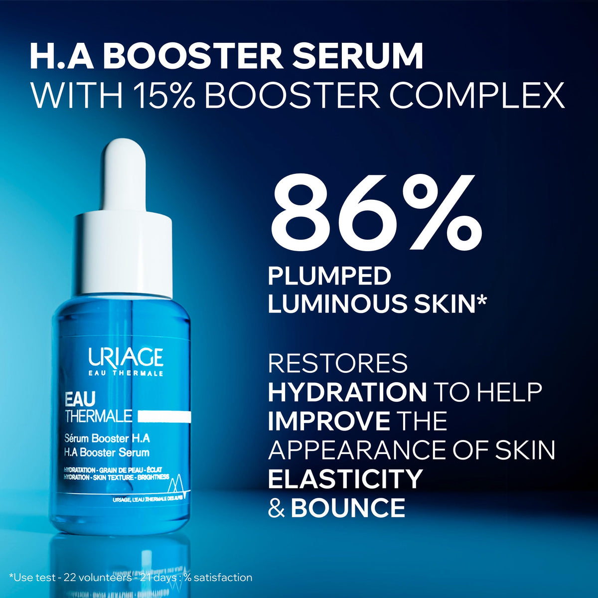 Uriage Serum Booster with hyaluronic acid 1.5% for plumpness and 24h hydration.