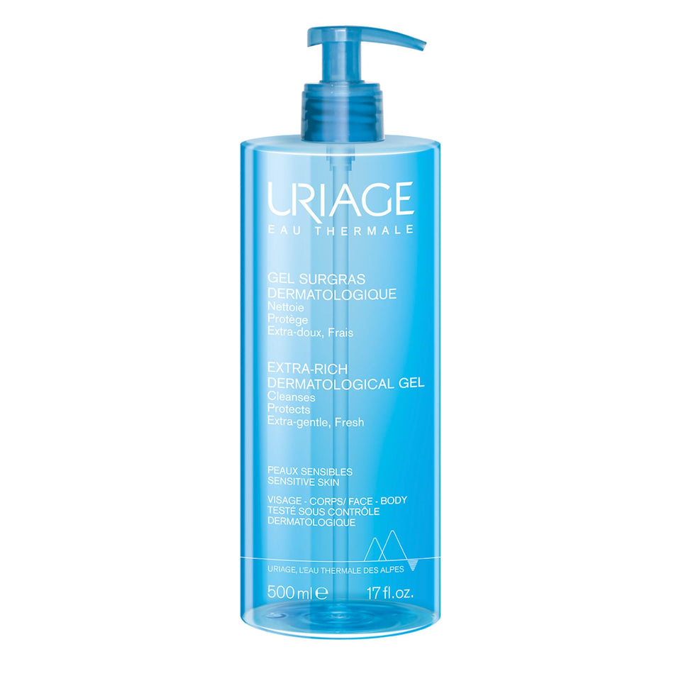 Uriage extra-rich face and body wash with pump for sensitive skin.