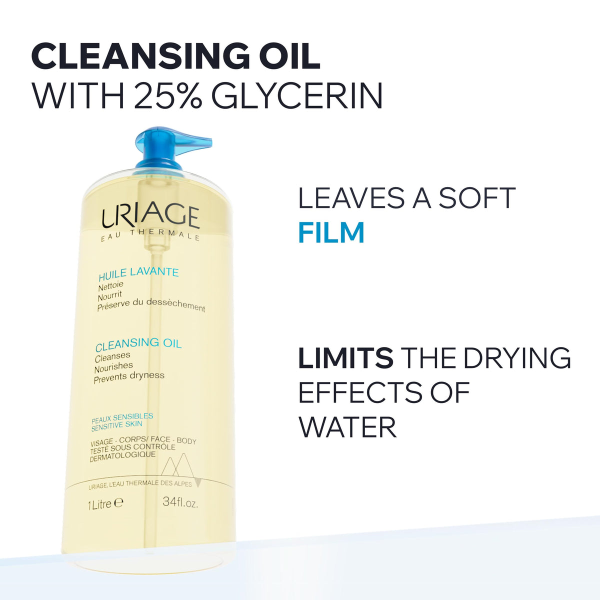 Uriage foaming shower oil creates creamy lather for gentle cleansing.