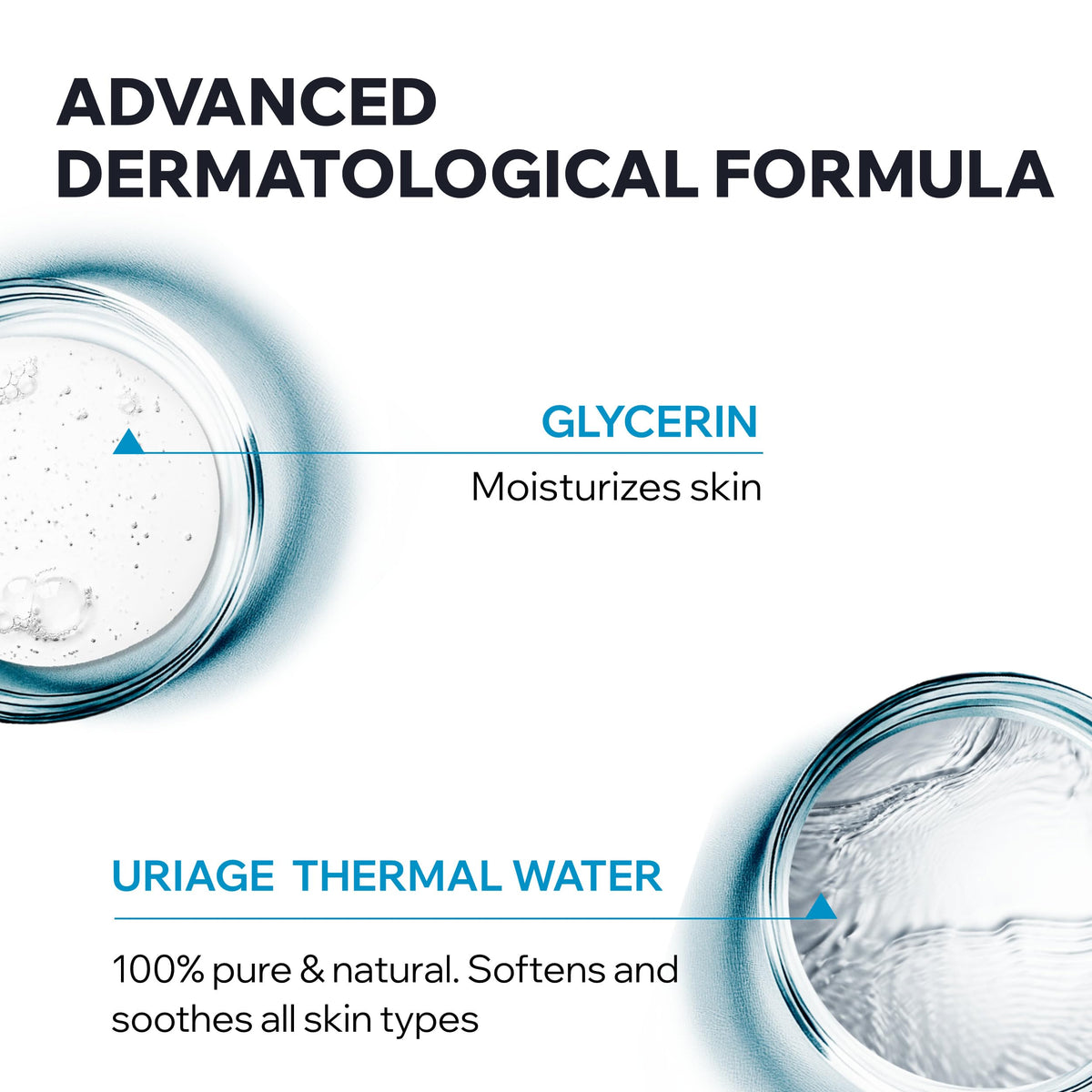 Uriage glycerin-rich formula demonstrates moisturizing care for dry skin during shower.