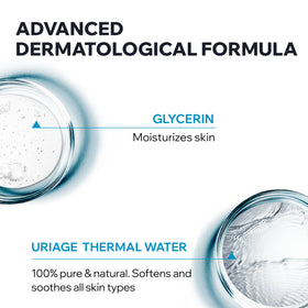 Uriage glycerin-rich formula demonstrates moisturizing care for dry skin during shower.