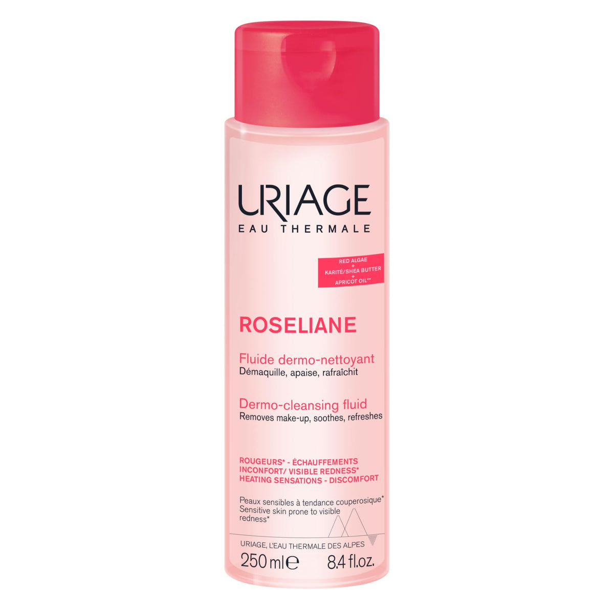 Uriage Roseliane bottle being poured for gentle cleansing on sensitive skin