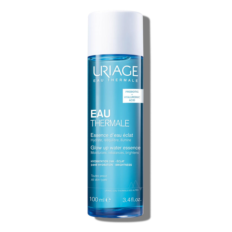 Uriage Thermal Water Essence bottle on a clean surface, showcasing hydration boost