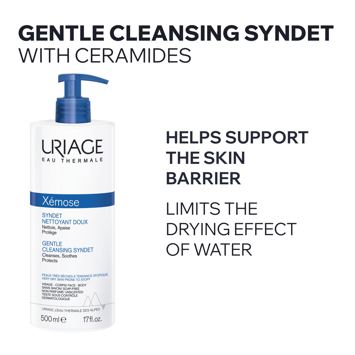 Uriage Xémose foaming cleanser texture showing light gel-cream foam for gentle wash.