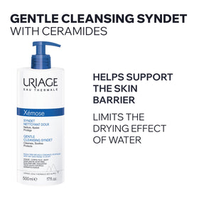 Uriage Xémose foaming cleanser texture showing light gel-cream foam for gentle wash.