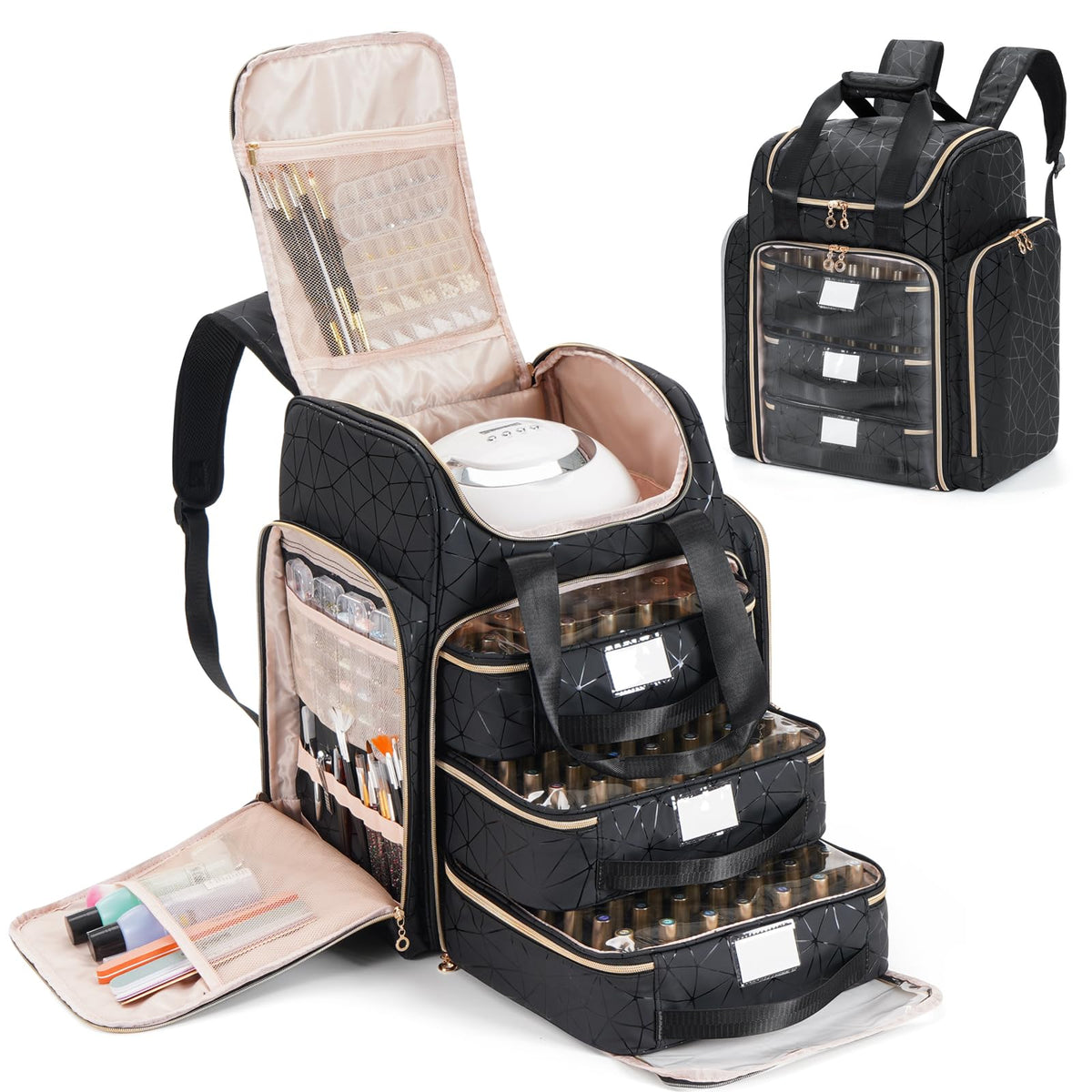 Uross Extra Large Nail Polish Organizer Bag shows 126-bottle capacity for streamlined studio setup