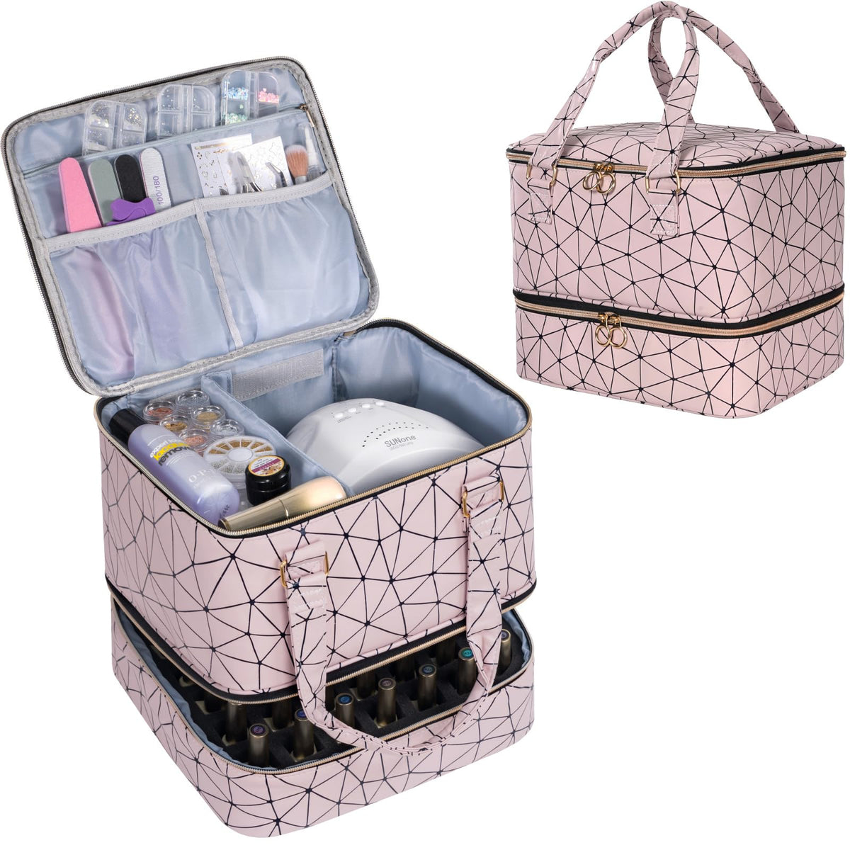 Uross nail polish organizer bag with 42-bottle grid for secure transport.