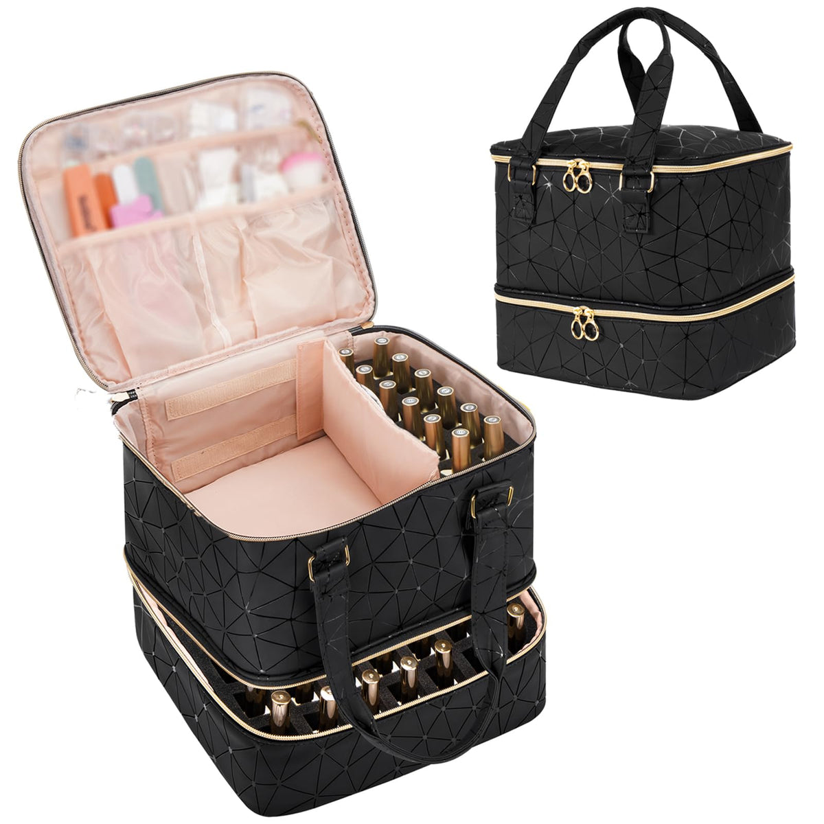 Uross nail polish organizer bag with lower layer shows 54-bottle capacity and secure storage.