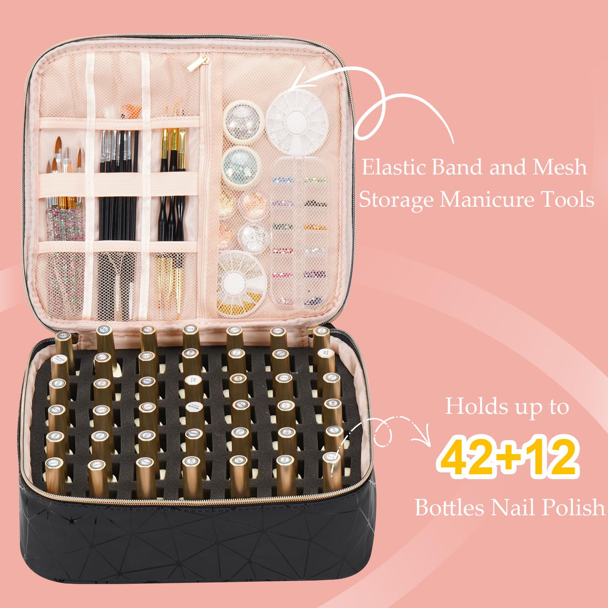 Uross nail polish organizer bag upper layer view highlighting compact storage for organized polishes.