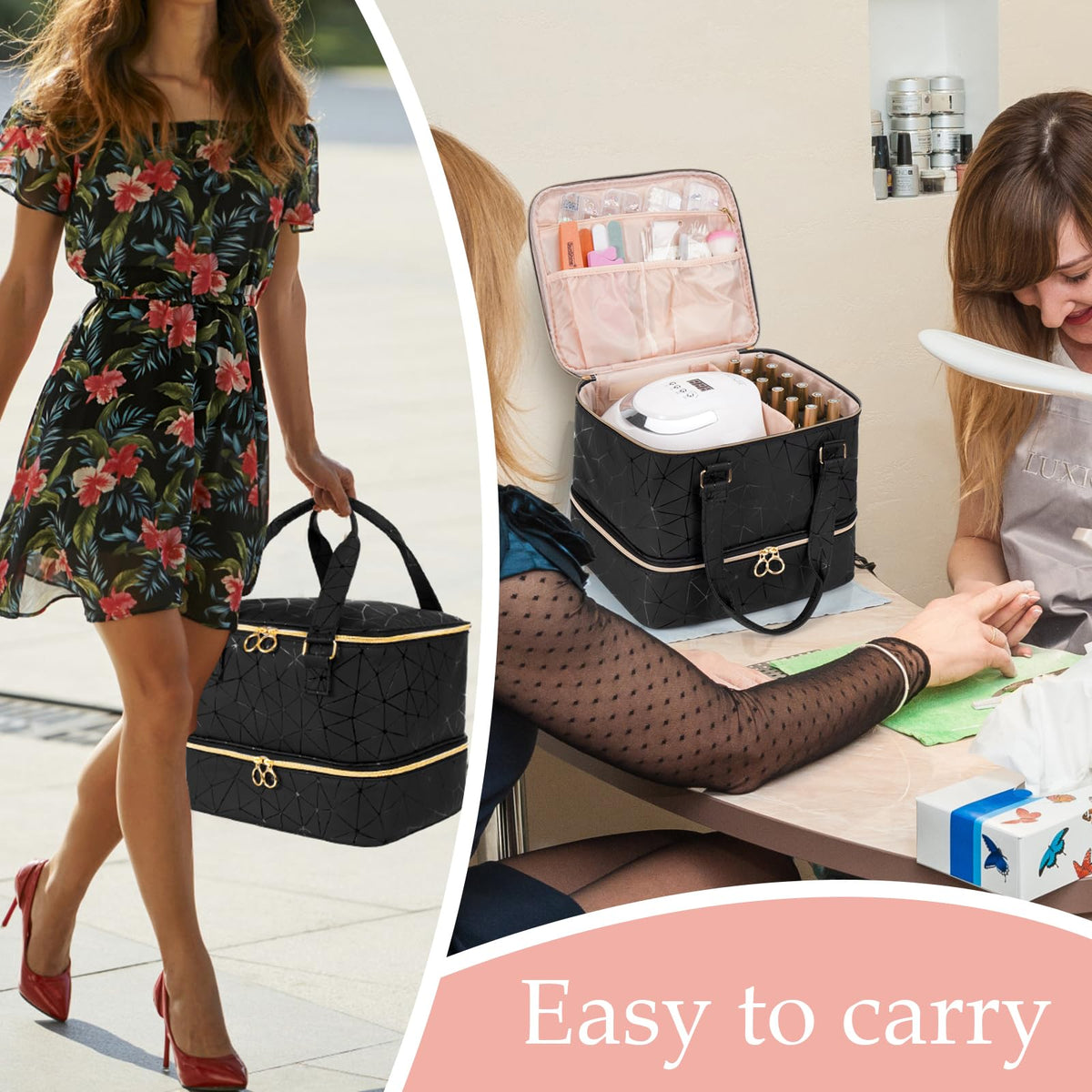 Uross nail polish organizer bag material emphasizes waterproof durability and cushioned lining.