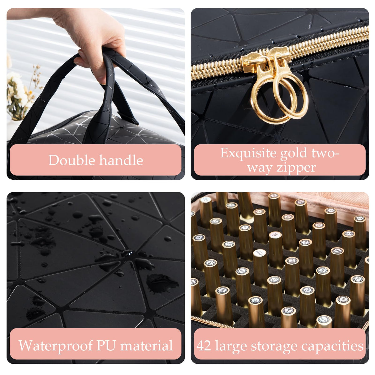 Uross nail polish organizer bag with sturdy handles ready for travel or on-site use.