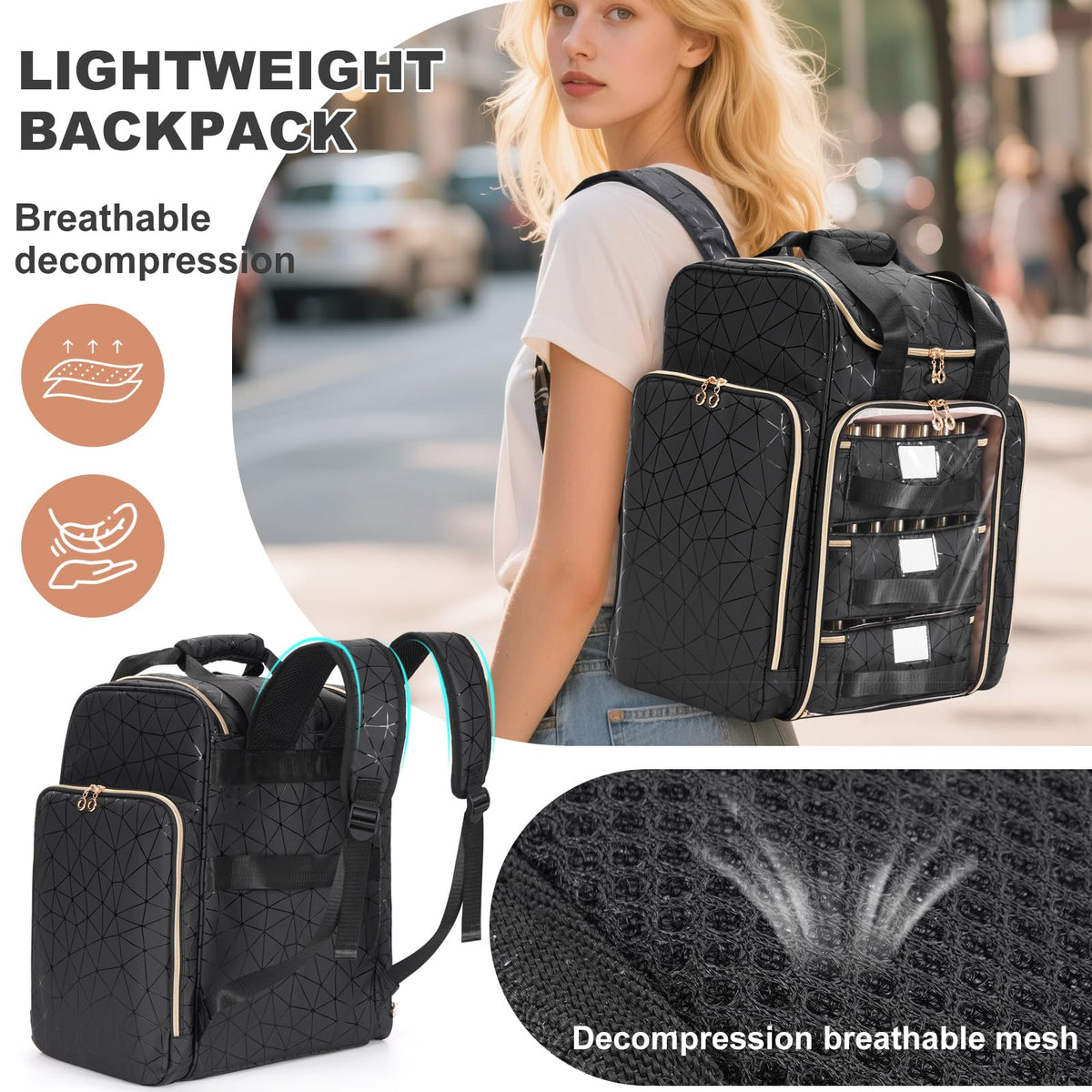 Leak-preventing compartments keep interiors tidy and secure during transport