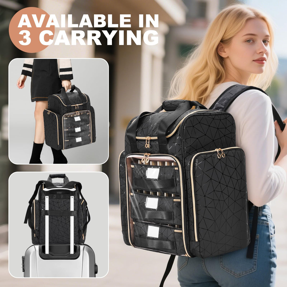 Three-way carrying offers backpack, handbag, or trolley station for mobility