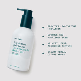 Ursa Major Botanic Buzz Body Lotion label close-up showing clean, vegan formula.