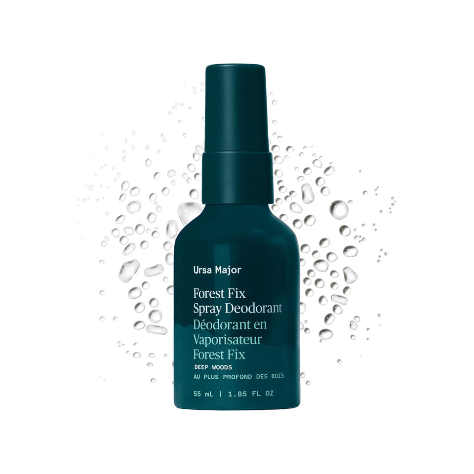 Ursa Major Forest Fix Spray Deodorant bottle shows aluminum-free formula for daily freshness