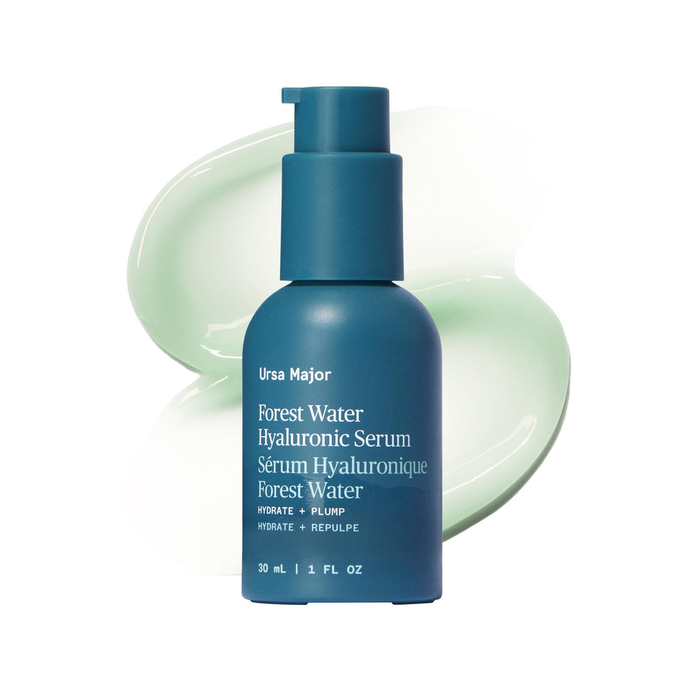 Ursa Major Forest Water Hyaluronic Serum bottle showing deep hydration for plump skin.