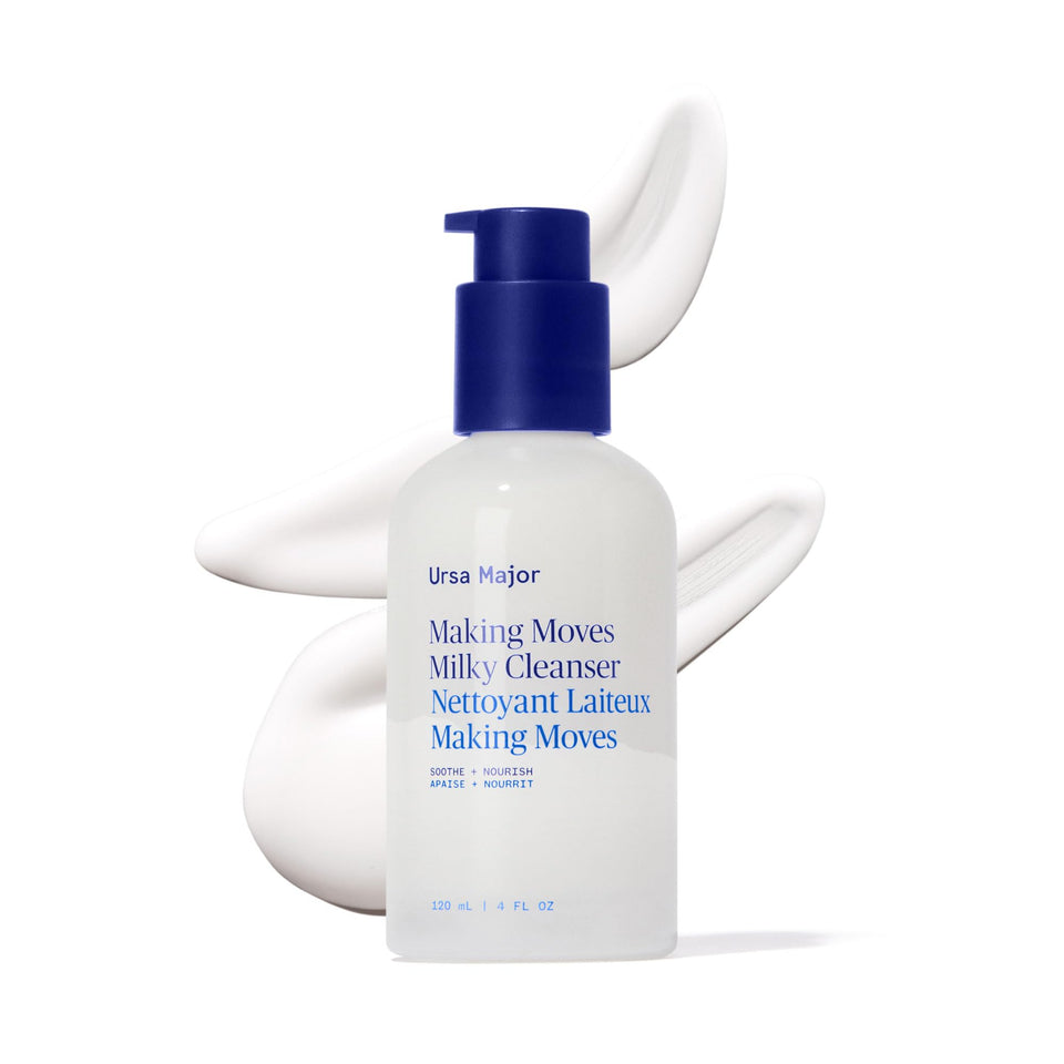 Ursa Major Making Moves Milky Cleanser bottle on sink for gentle cleansing