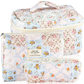 URSKYTOUS 3Pcs quilted makeup bags set with large capacity for daily cosmetics on travel.