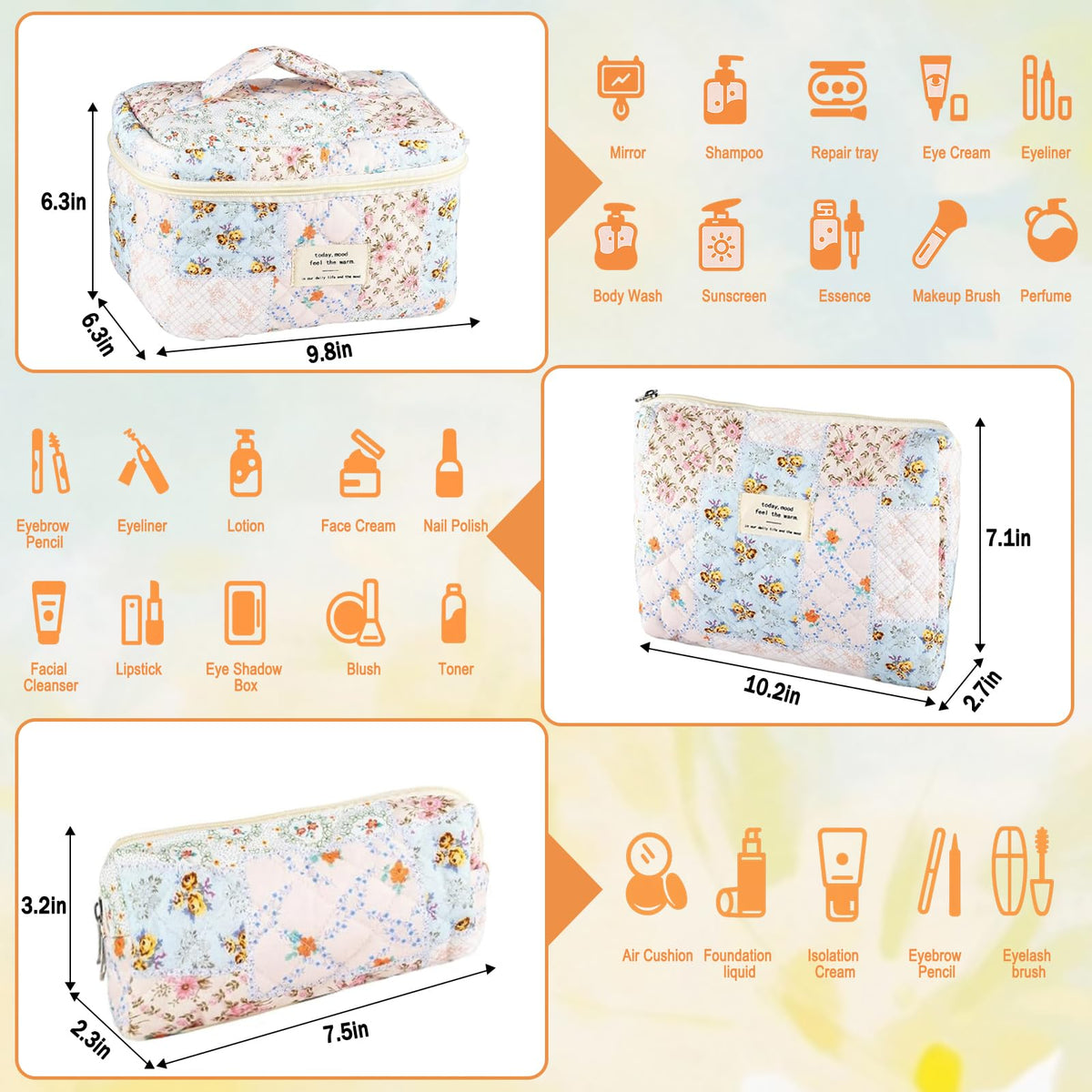 URSKYTOUS 3Pcs quilted makeup bags - small pouch ideal for lipstick and brushes.