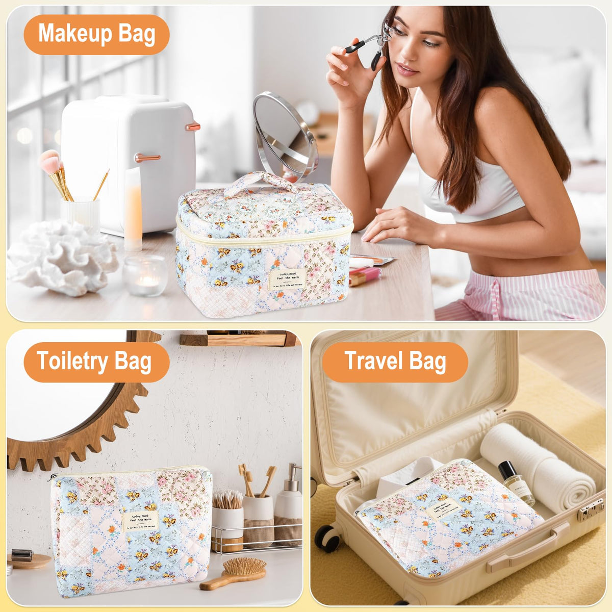 URSKYTOUS bee-and-flower pattern bag serves as brush organizer and vanity pouch.
