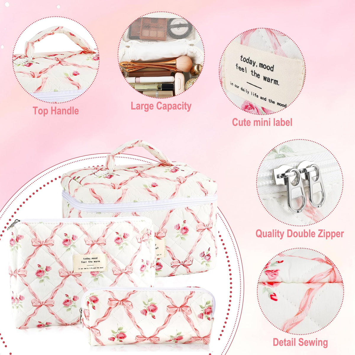 URSKYTOUS cotton quilted makeup bag with smooth zipper for secure storage.