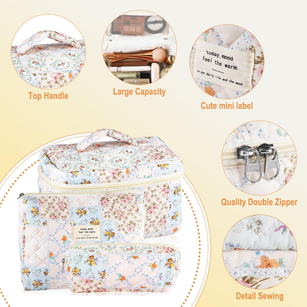 URSKYTOUS floral quilted cotton makeup bag with zipper for secure travel organization.