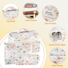 URSKYTOUS floral quilted cotton makeup bag with zipper for secure travel organization.