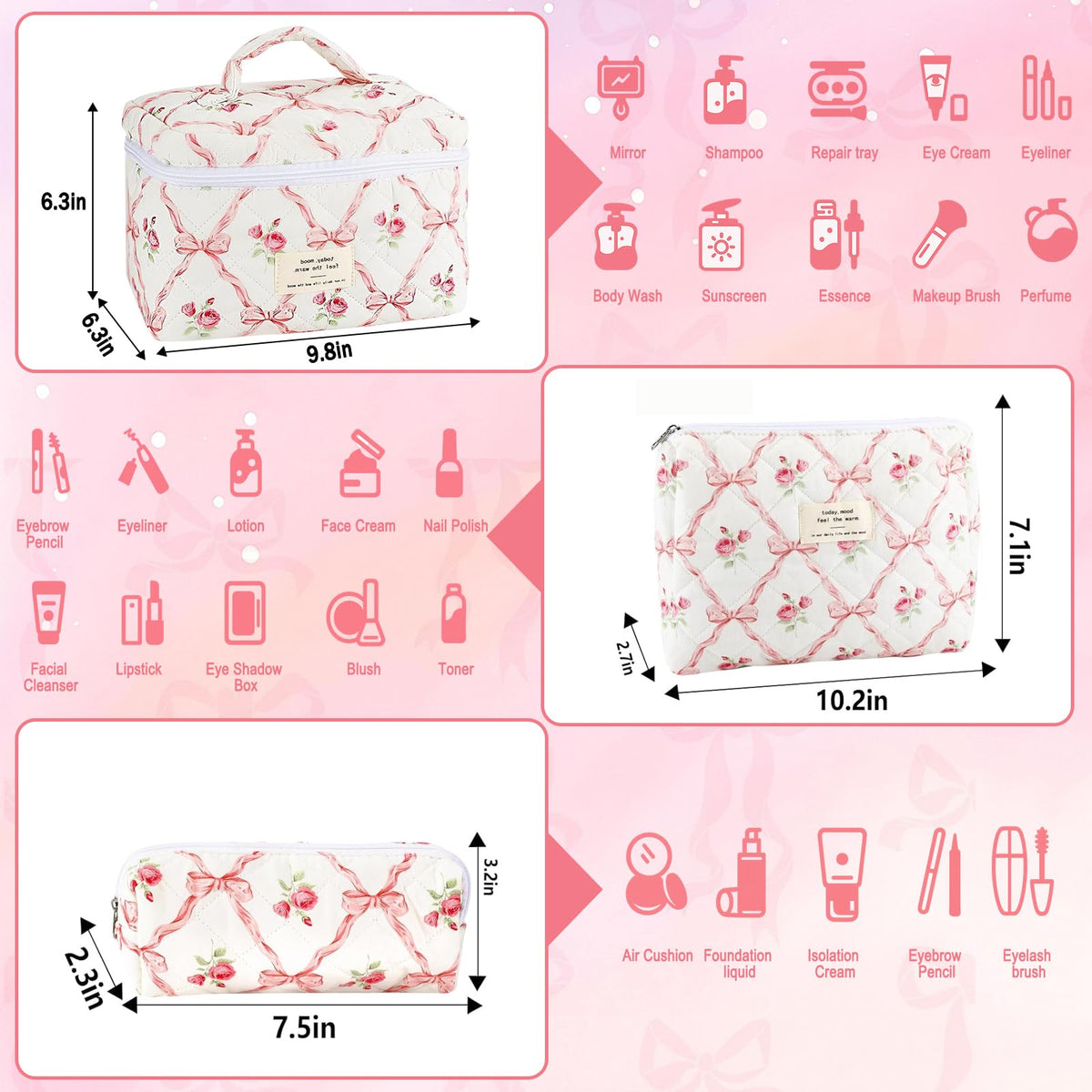 URSKYTOUS quilted makeup bag set, petite pouch for brushes and essentials.