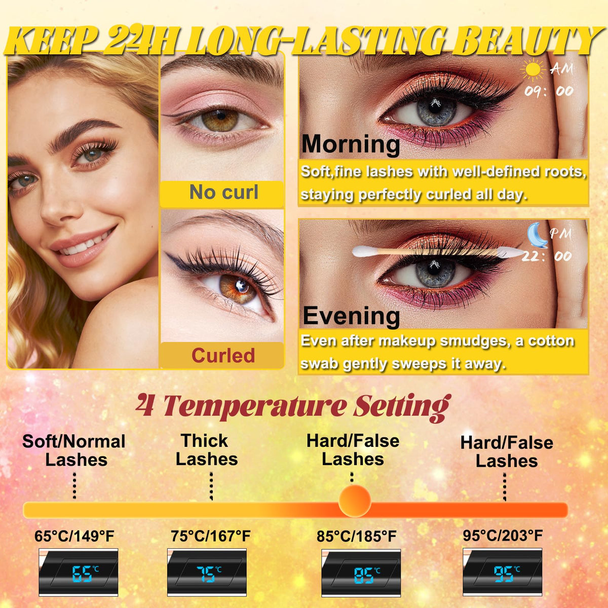 URSOBTF heated eyelash curler with arc comb head for safe, comfortable curling.