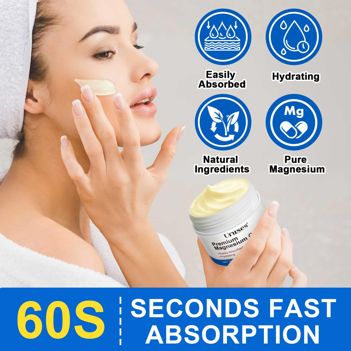 Uruses 2Pack Magnesium Cream ingredient closeup highlights almond oil and lavender