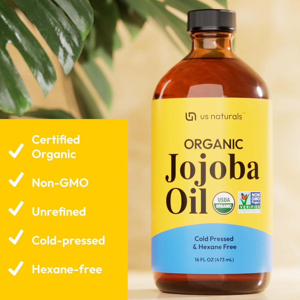 Us Naturals amber glass bottle protects oil from light exposure.