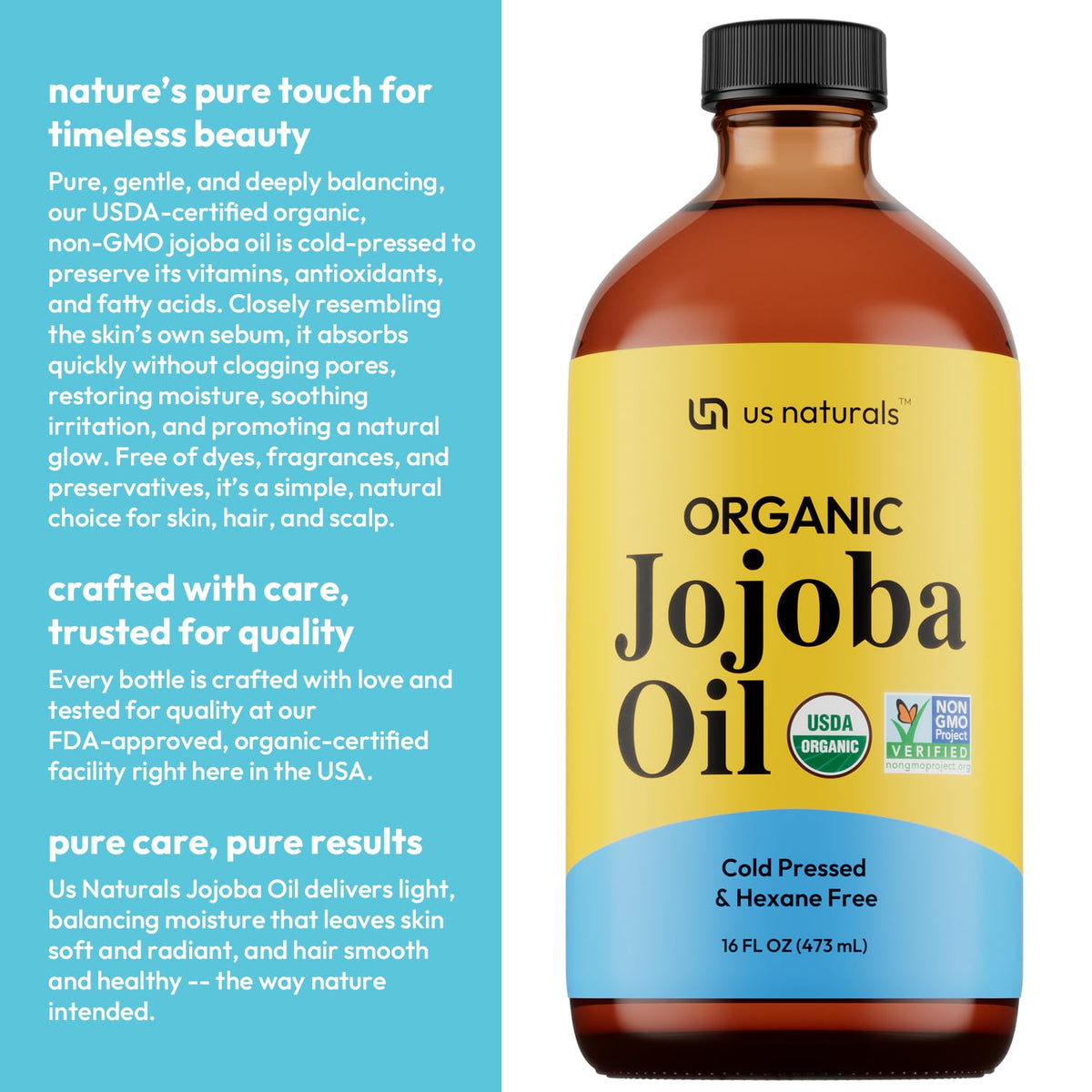 Us Naturals eco packaging underscores sustainable, glass bottle design.